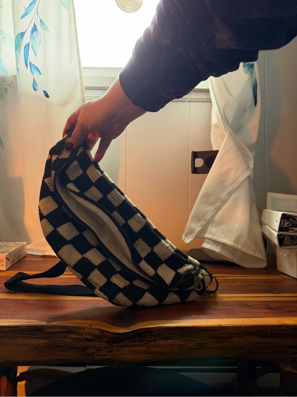 Handmade Checkerboard Canvas Sling Bag - Black & Cream